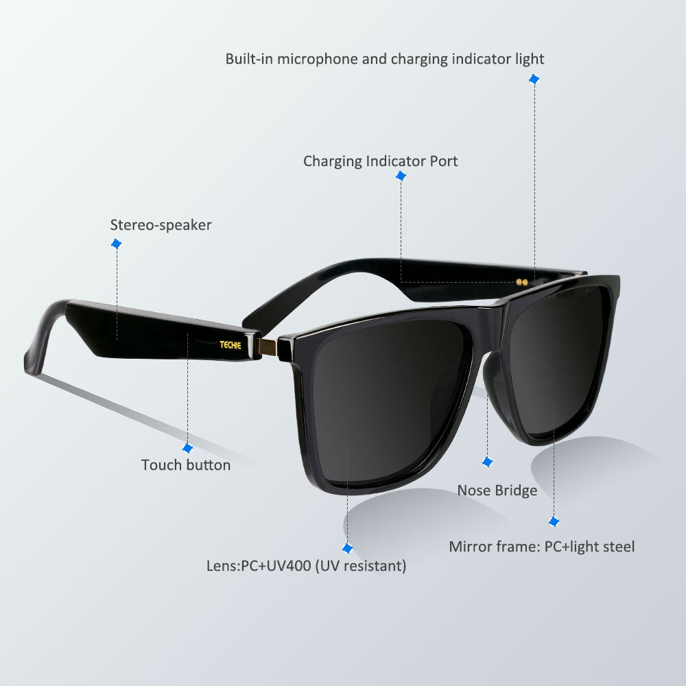 Techie AI Smart Glasses, Bluetooth 5.2, 4-hour battery life, polarized sunglasses, Bluetooth speaker, UV protection and waterproof for sports/outdoor use, touch operation, voice assistant.