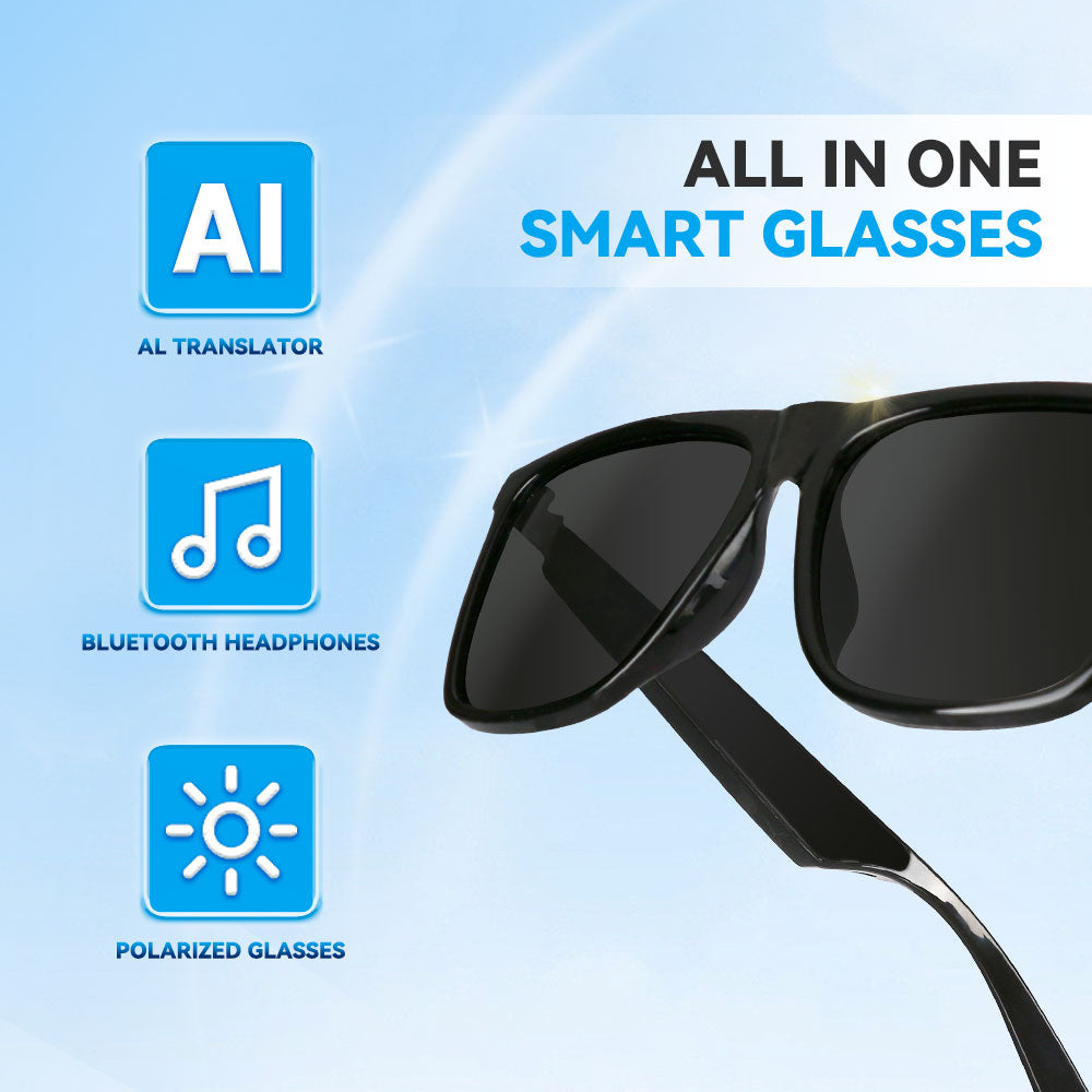 Techie AI Smart Glasses, Bluetooth 5.2, 4-hour battery life, polarized sunglasses, Bluetooth speaker, UV protection and waterproof for sports/outdoor use, touch operation, voice assistant.