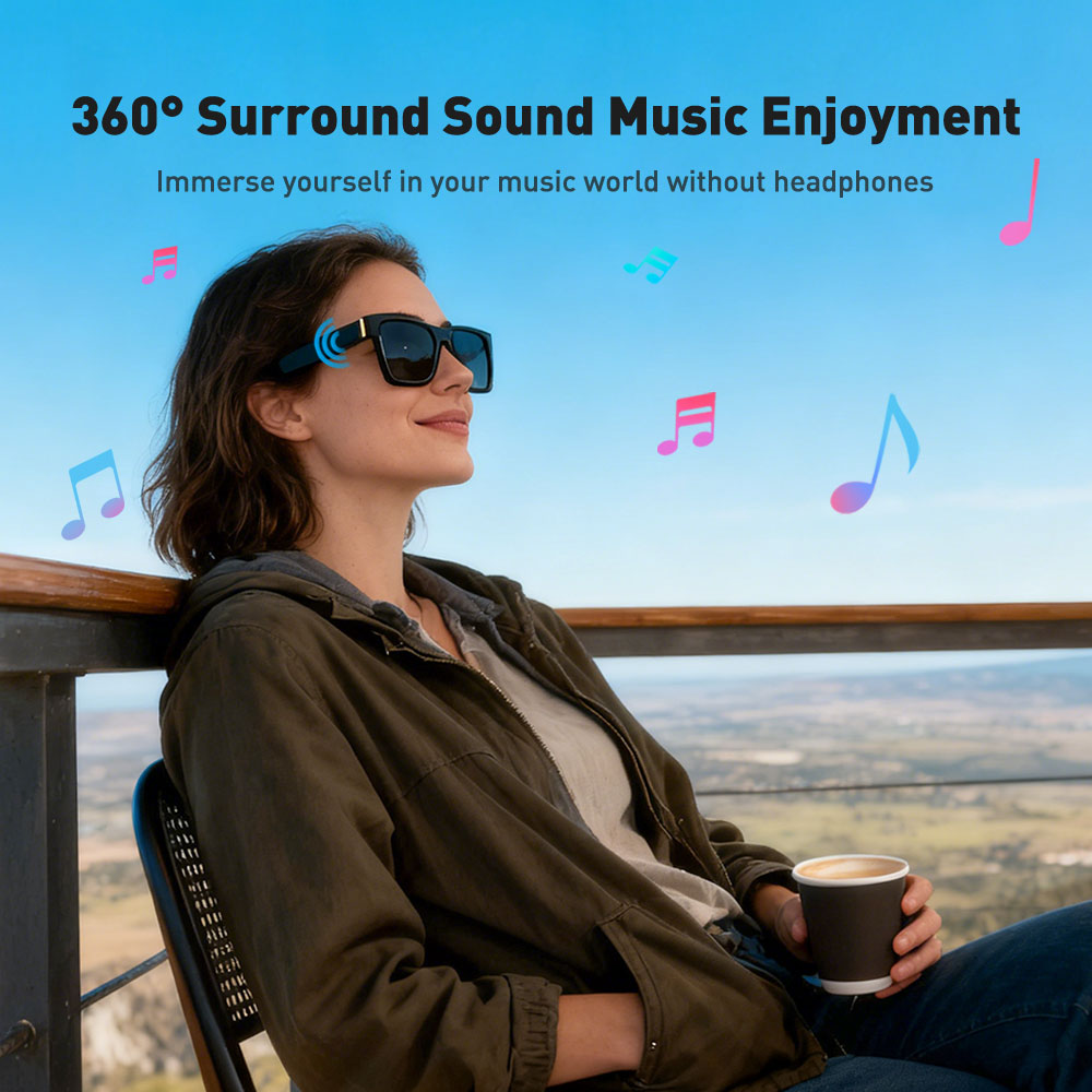 Techie AI Smart Glasses, Bluetooth 5.2, 4-hour battery life, polarized sunglasses, Bluetooth speaker, UV protection and waterproof for sports/outdoor use, touch operation, voice assistant.
