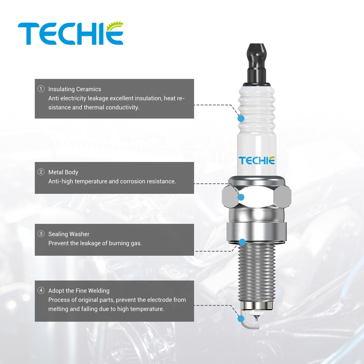 4pcs TECHIE T-F6RTI Iridium Spark Plug Replace for NGK 3484/BPR6EIX BPR6EGP, BOSCH WR7DS, CHAMPION RN10GY RN8WYP, DENSO W20EP-GU W20EP-ZU,OEM
