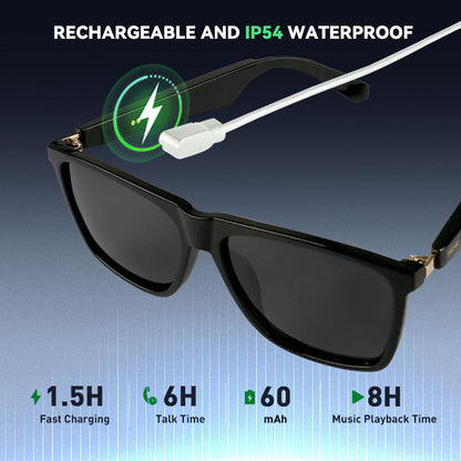 Techie AI Smart Glasses, Bluetooth 5.2, 4-hour battery life, polarized sunglasses, Bluetooth speaker, UV protection and waterproof for sports/outdoor use, touch operation, voice assistant.