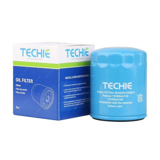 A TECHIE branded oil filter, shown with its packaging which has product information and the brand logo.